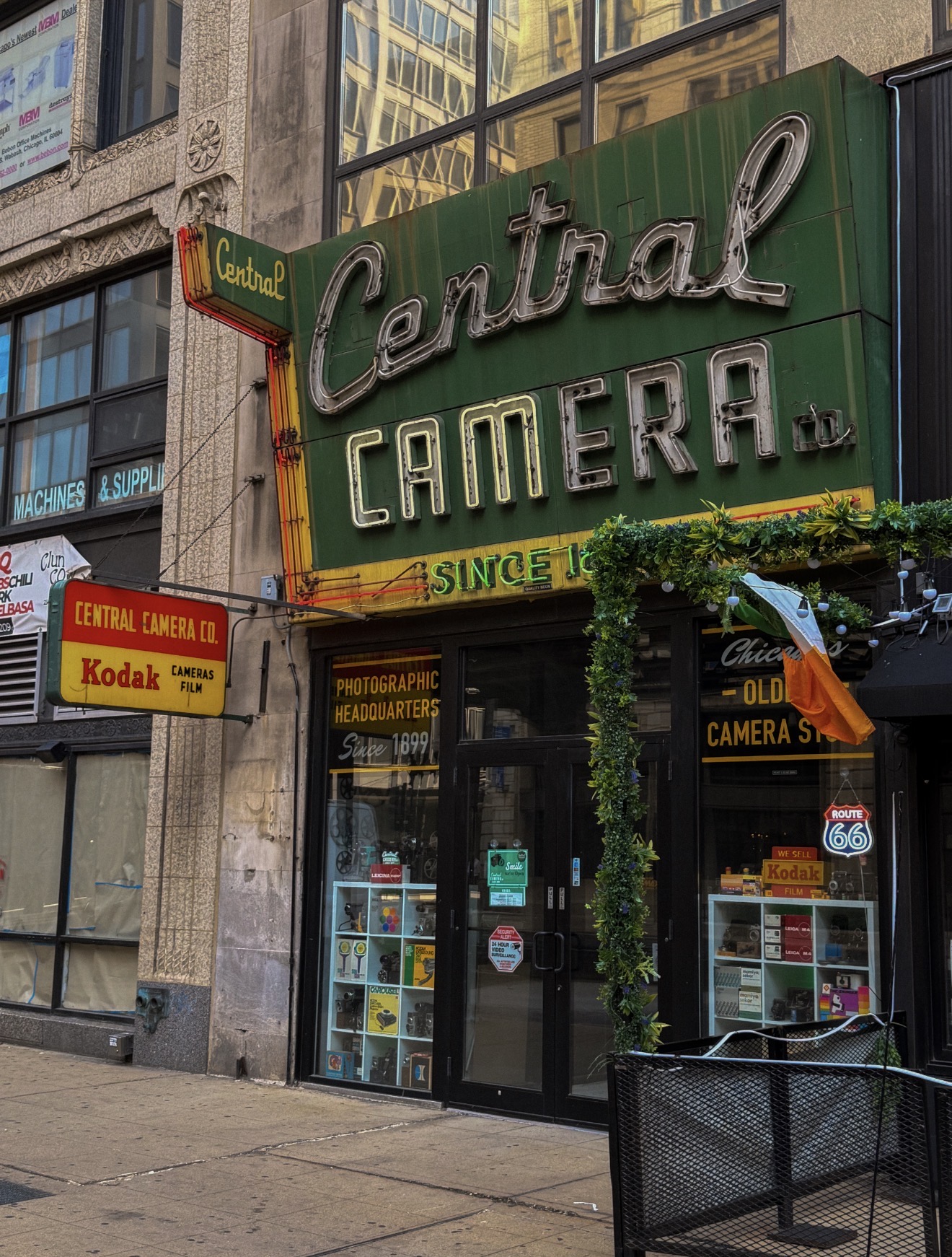Reference photograph of the Central Camera storefront and green sign in Chicago